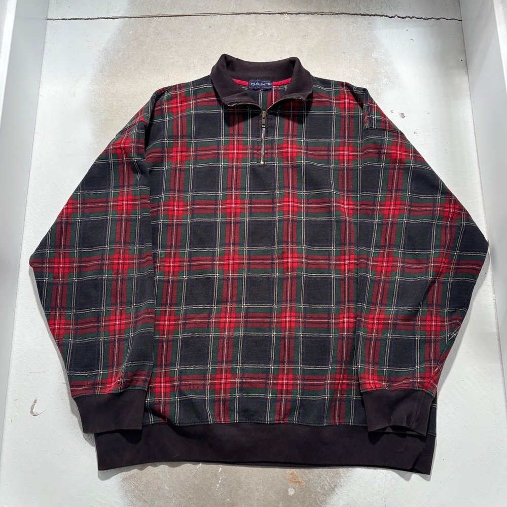 Gant Mens Quarter Zip Plaid Sweatshirt Red Green Navy Pullover XL